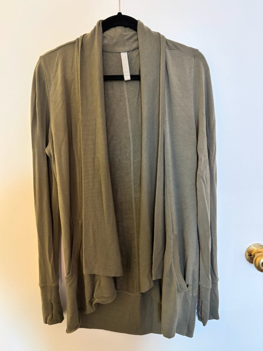 Athleta Olive Green Drapey Open Cardigan with Pockets and Thumb Holes Size XS